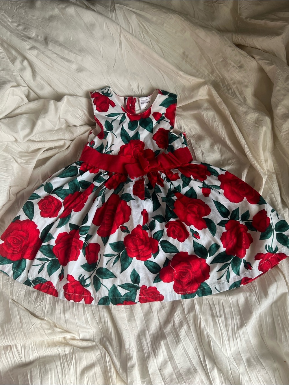 Carter's White Dress with Red Rose Print and Green Leaves